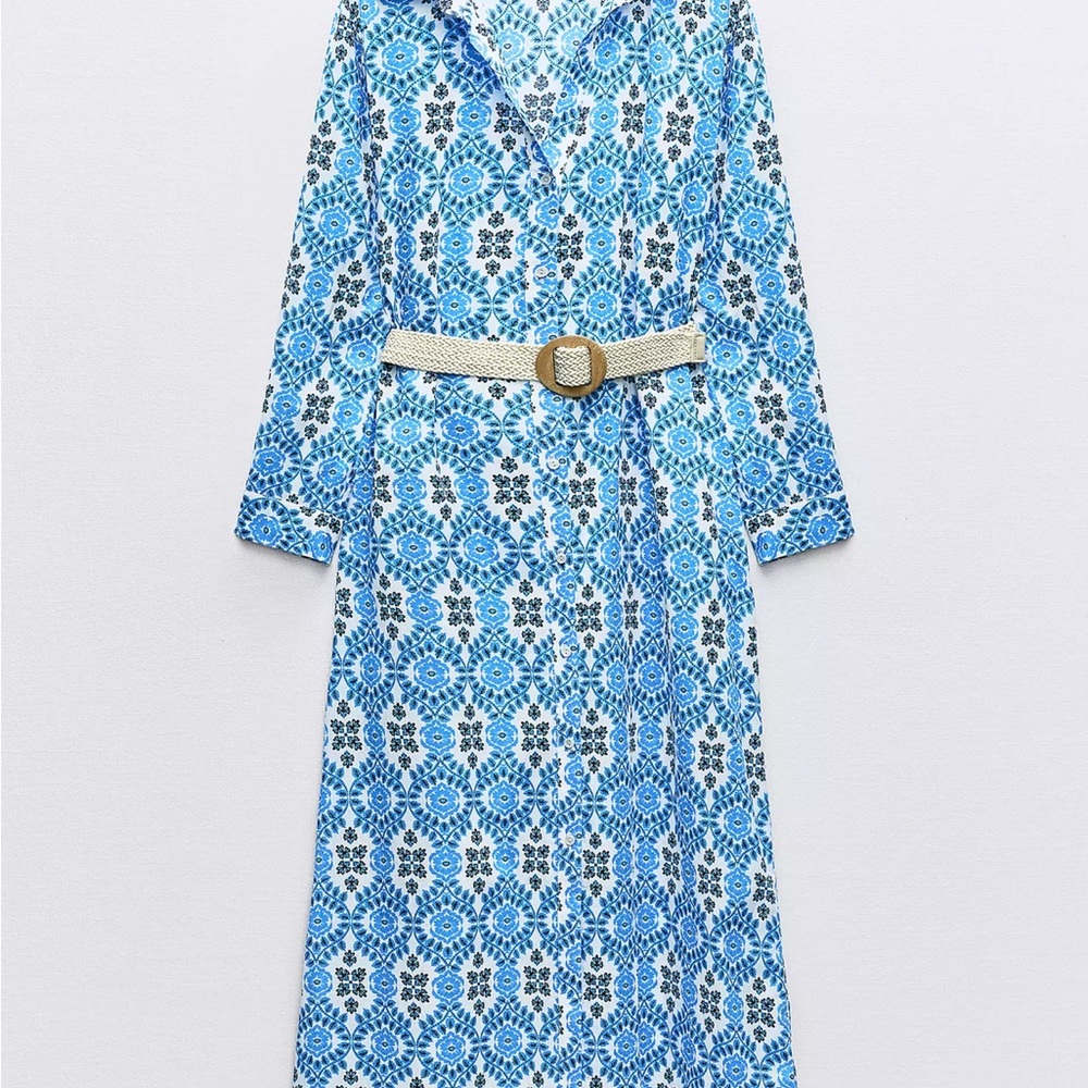 Zara Blue Midi Sundress with Bishop Sleeves and Notched Collar